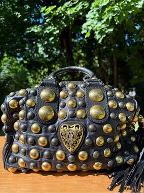Gucci Black Leather Satchel with Gold Studs